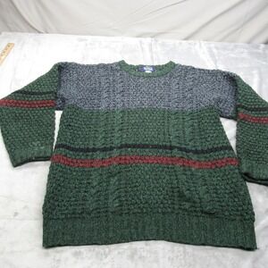 Woolrich Sweater Mens Large Green Striped Heavy Wool Blend Chunky Knit Thick VTG